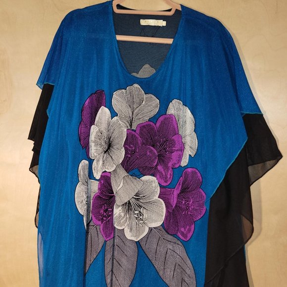 Michael X Blue Black Floral Sheer Knit Layered Swimsuit Coverup Women Size L - Picture 6 of 10